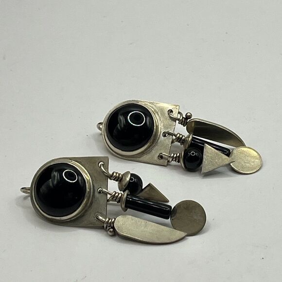 Signed Heinz Brummell Silver and Onyx Dangle Earrings - Picture 4 of 7